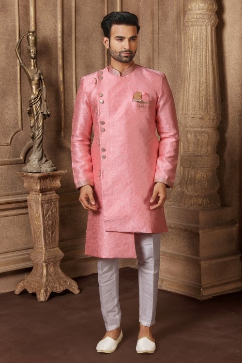 Pink Brocade Jacquard Silk Asymmetric Sherwani