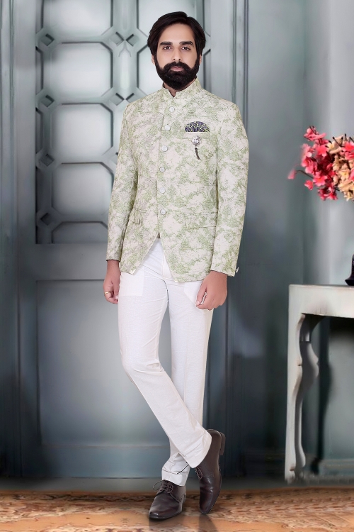 Off White and Green Jacquard Jodhpuri Suit