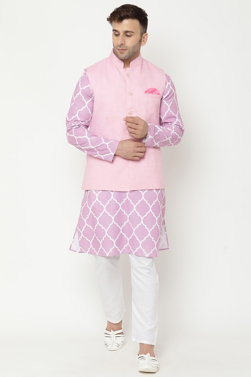 Pink Cotton Printed Kurta Pajama with Jacket