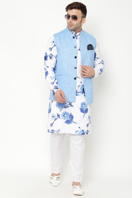 Off White and Blue Cotton Kurta Pajama with Jacket