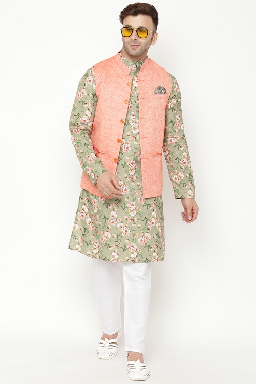 Sage Green Cotton Printed Kurta Pajama with Jacket