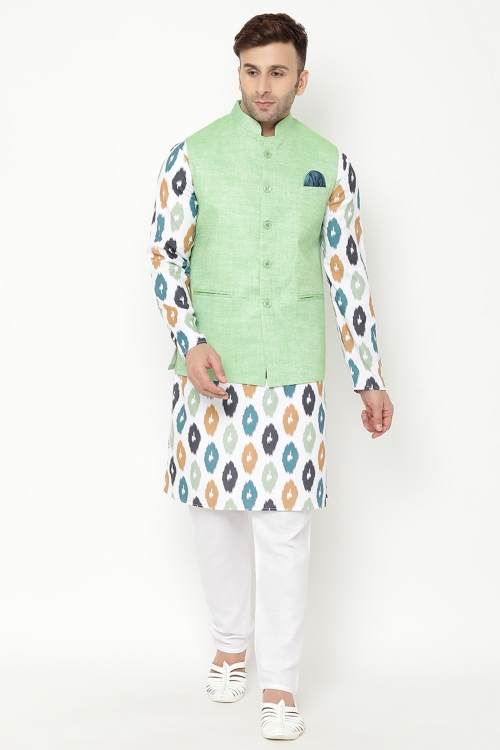 Off White Cotton Printed Kurta Pajama with Jacket