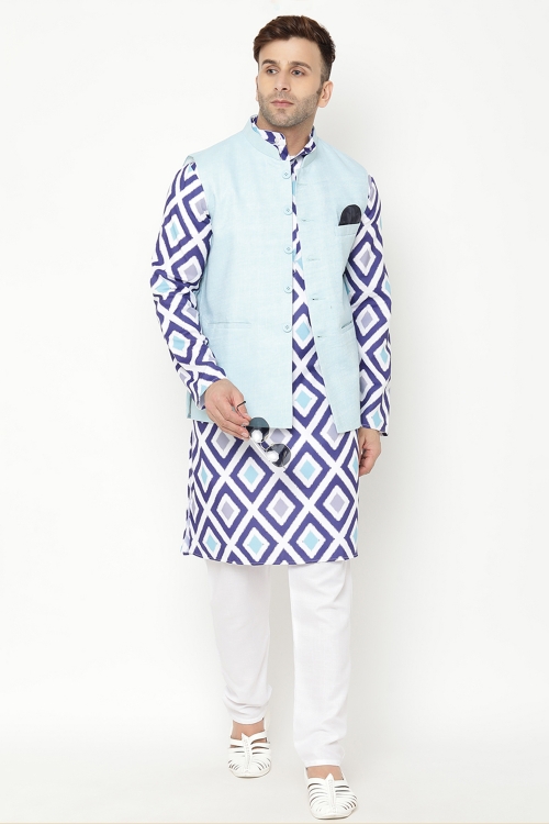 Off White and Blue Cotton Kurta Pajama with Jacket