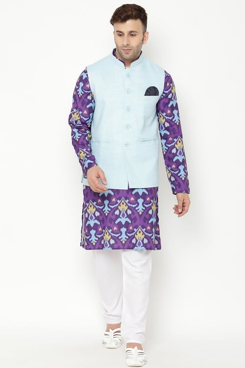 Purple Cotton Printed Kurta Pajama with Blue Jacket