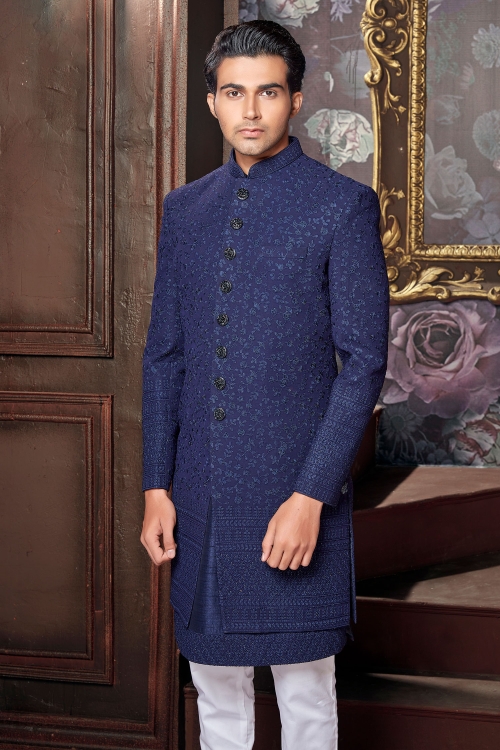 Blue Silk All Over Embroidered Sherwani
