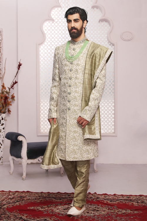 Olive Green Raw Silk All Over Embroidered Sherwani