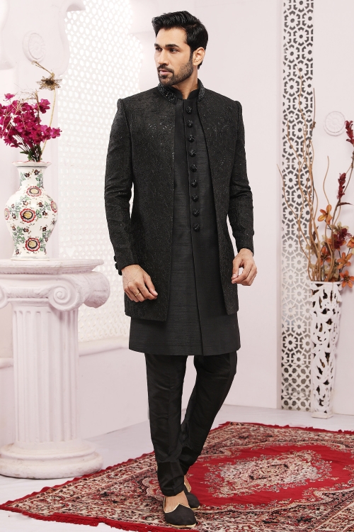 Black Art Silk Sherwani with Jacket
