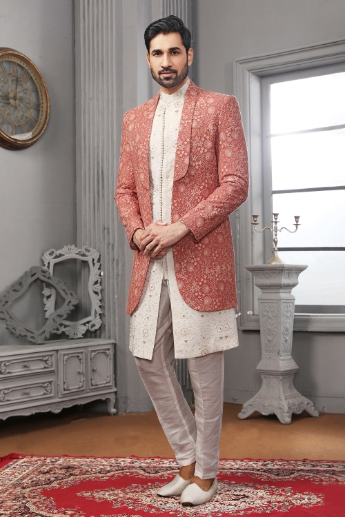 White Raw Silk Indo Western Sherwani with Jacket