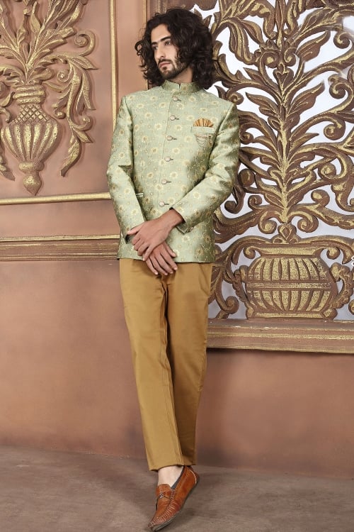 Light Green Jacquard Art Silk Printed Jodhpuri Suit