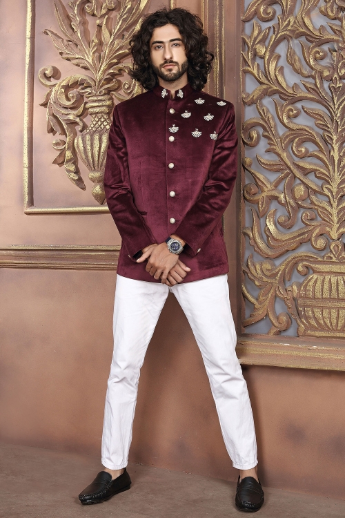Maroon Velvet Jodhpuri Suit