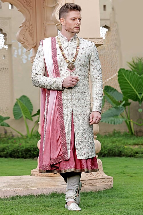 White and Pink Raw Silk Royal Sherwani with Embroidery