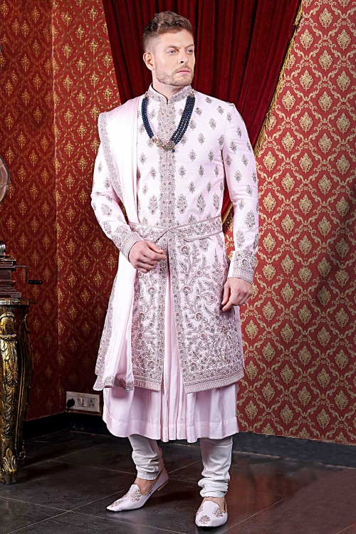 Light Pink Raw Silk Heavy Embroidered Sherwani