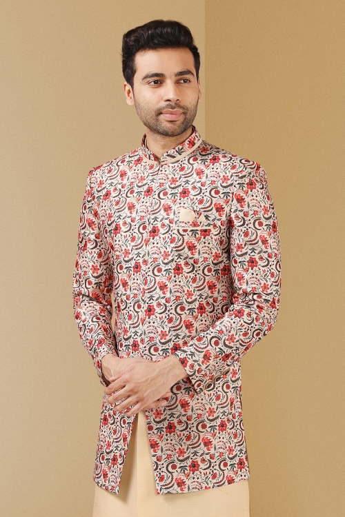 Cream Banarasi Art Silk Kurta Pajama with Printed Jacket