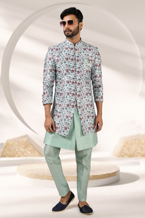 Light Green Banarasi Art Silk Kurta Pajama with Jacket
