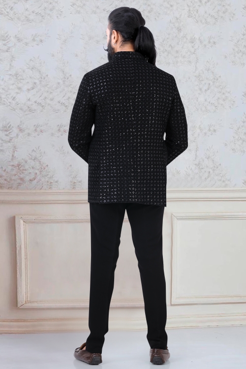 Black Velvet Sequins Work Jodhpuri Suit
