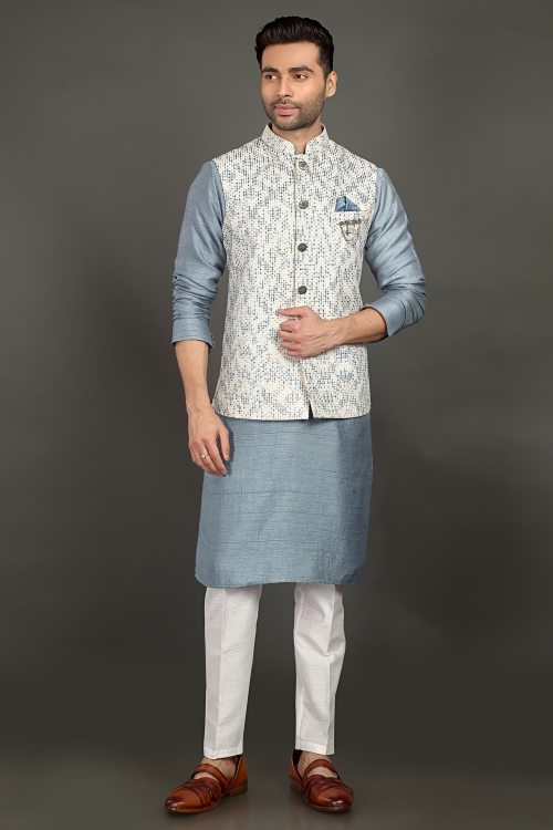Light Blue Silk Kurta Pajama with Jacket