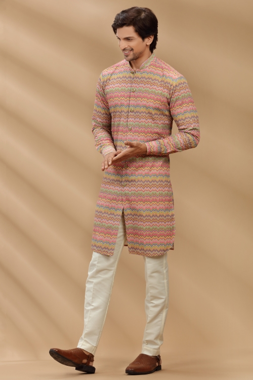 Multi Colored Silk Resham Embroidered Kurta Pajama