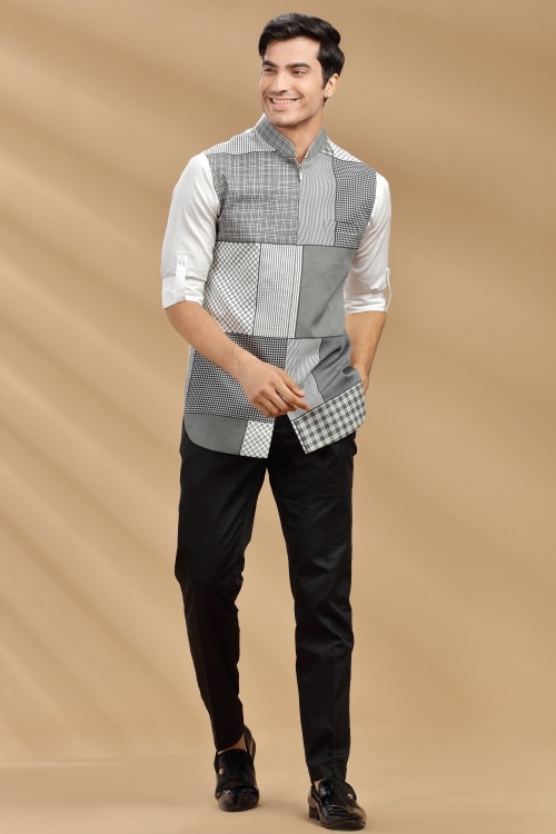 Pearl White and Black Cotton Suit with Checks Print