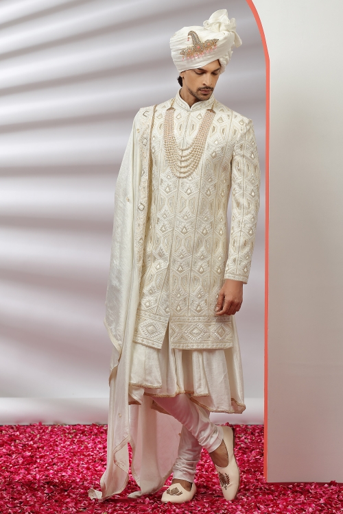 Off White Silk Sherwani with Embroidery