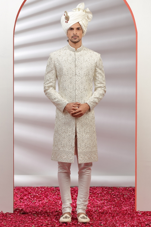 Off White Silk All Over Embroidered Sherwani