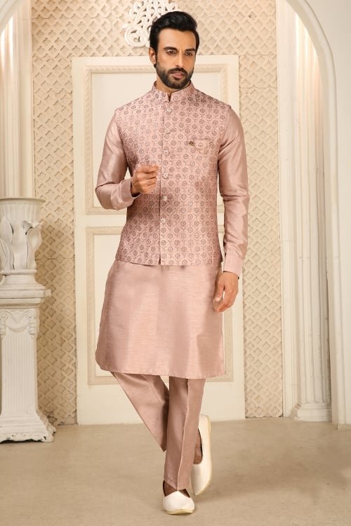Light Pink Banarasi Art Silk Kurta Pajama with Jacket