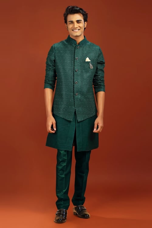 Teal Green Silk Kurta Pajama with Jacket