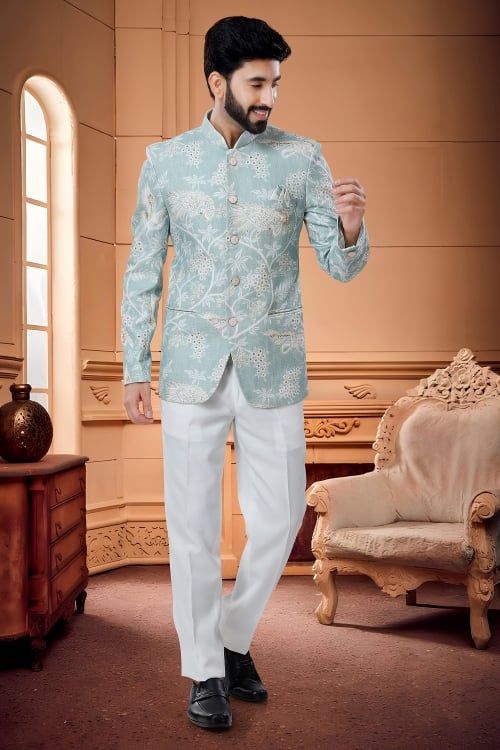 Powder Blue Cotton Printed Jodhpuri Suit