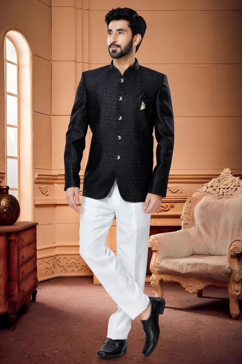Black Jacquard Silk Sequinned Jodhpuri Suit