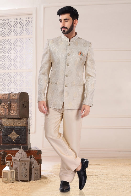 Golden Jacquard Woven Jodhpuri Suit