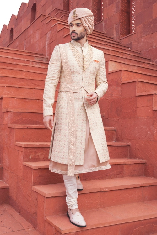 Nude White Sherwani Set with Floral Embroidery with Belt in Silk
