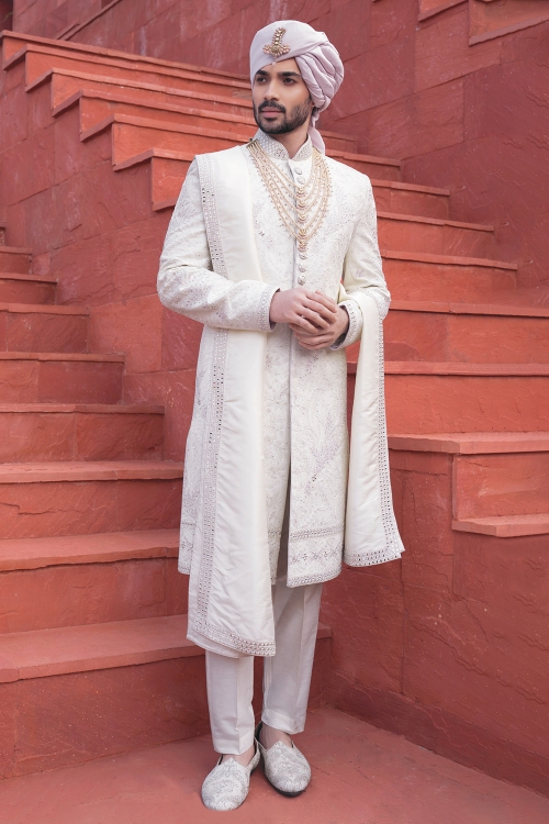 Pearl White Embroidered and Mirror Worked Sherwani in Silk