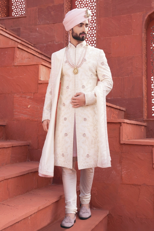 Pearl White Sherwani Set with Floral Motifs Embroidery And Hand Work in Silk 