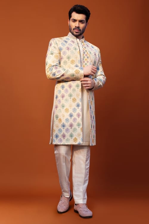 Cream Indo Western in Silk with Multi Colored Embroidered Buttas with Jacket