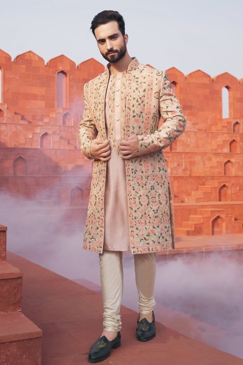 Dusty Pink Indo Western in Silk with Embroidery and Thread Work with Jacket