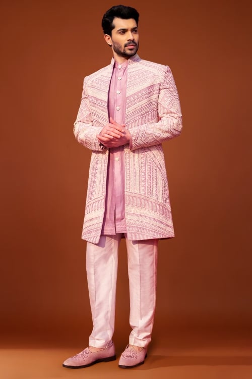 Light Pink Indo Western Along with Jacket in Silk with Stone and Embroidery Work