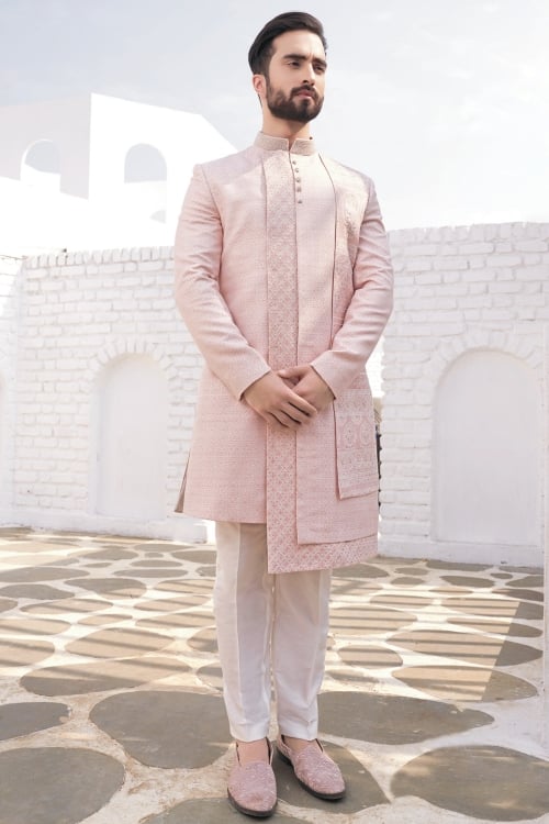 Peach Indo Western in Silk with Embroidery Work