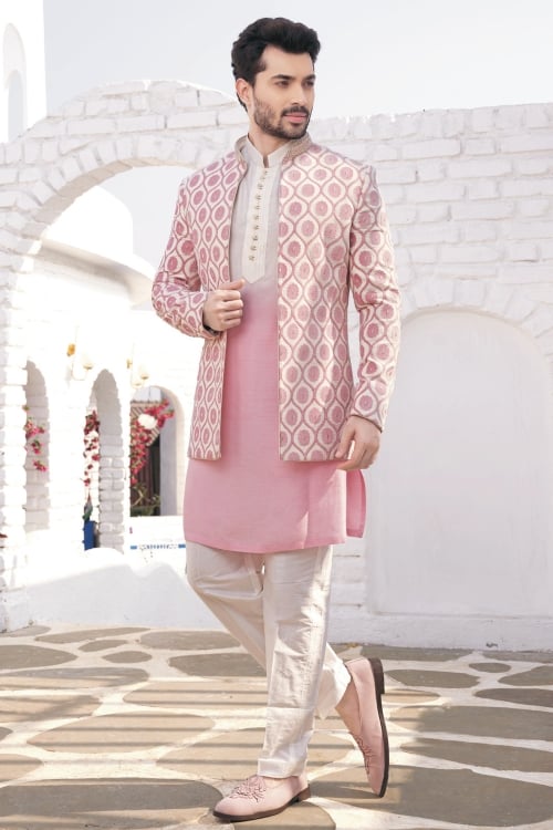 Pink and Pearl White Shaded Kurta Pajama Set in Silk Along with Jacket