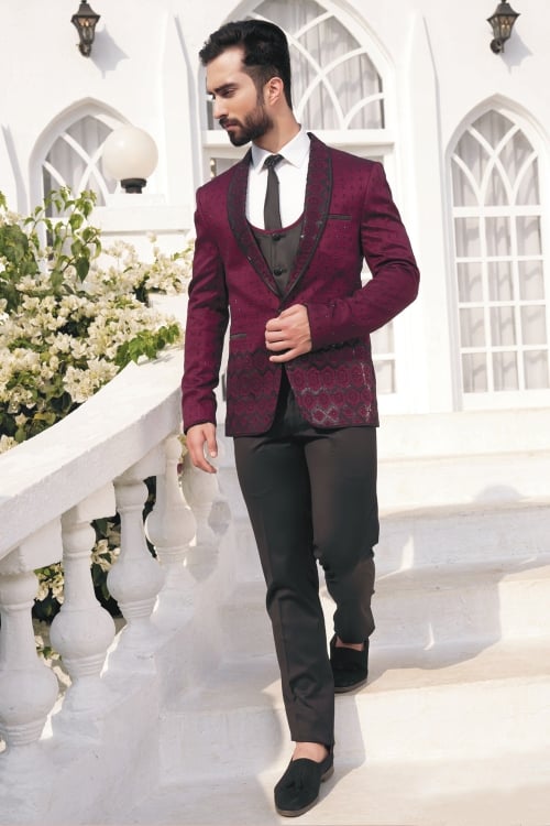 Wine Purple Impored Suit with Sequins and Embroidery Work