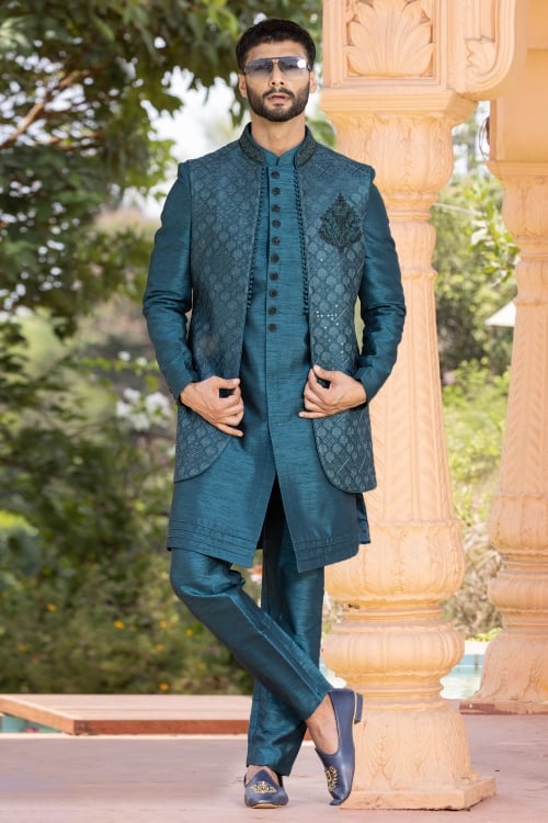Lagoon Blue Nehru Jacket and Kurta Set in Silk with Embroidery