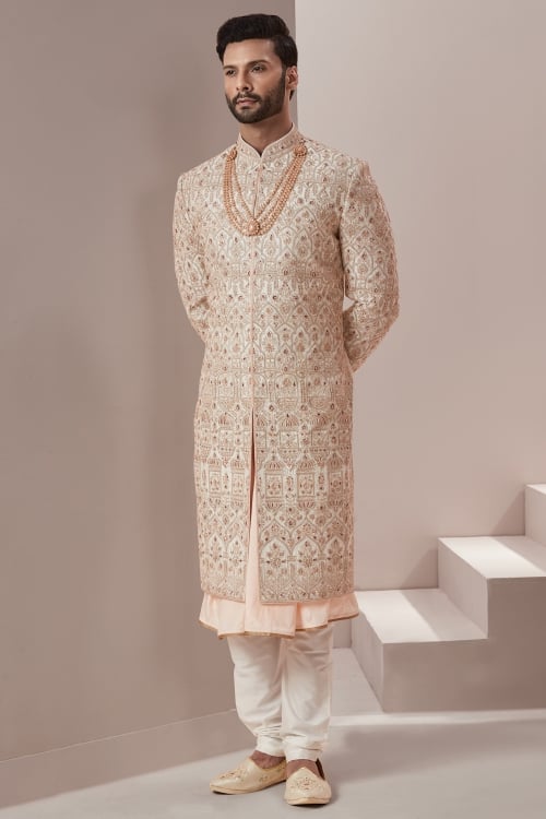 Nude White and Pink Silk Sherwani Set with Exquisite Embroidery
