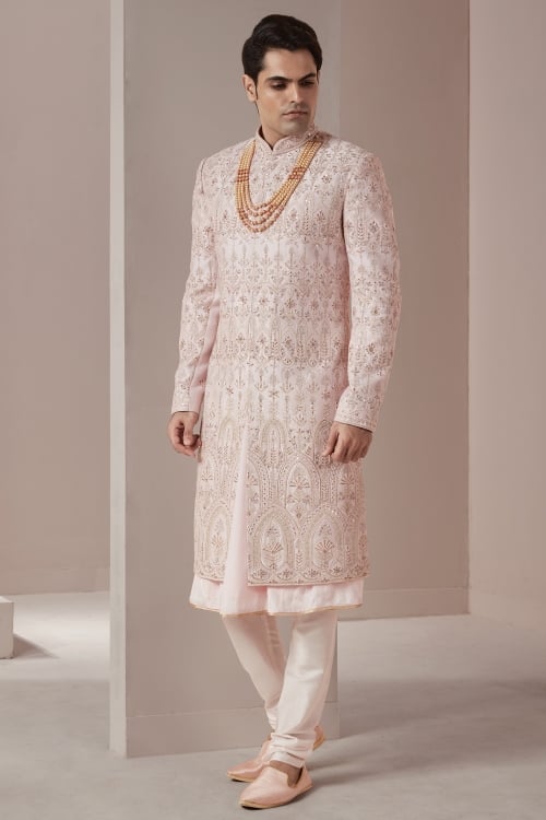 Light Pink Silk Sherwani Set with Thread Embroidery