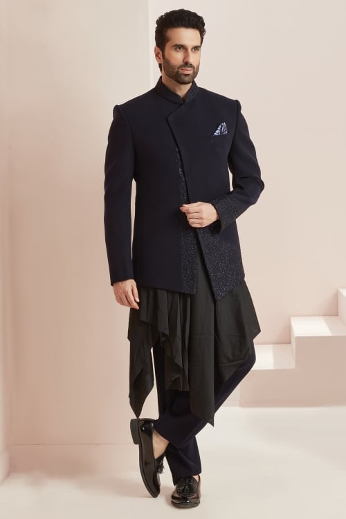 Navy Blue Indo-Western Sherwani Set Embroidered In Imported Fabric