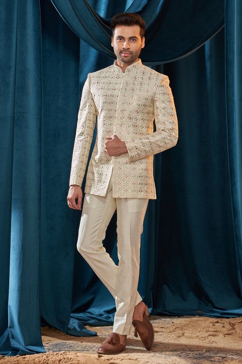 Cream Silk Indo Western with Resham Embroidery and Embellished Sequins