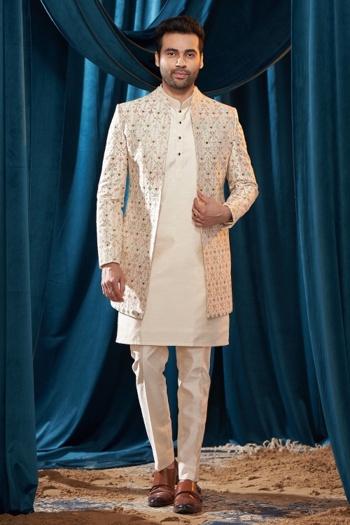Off White Cream Jacket Kurta Set with Embroidery in Silk