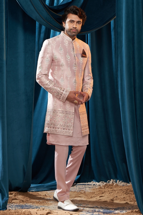 Light Pink Indo Western Sherwani Set in Satin with Embroidery