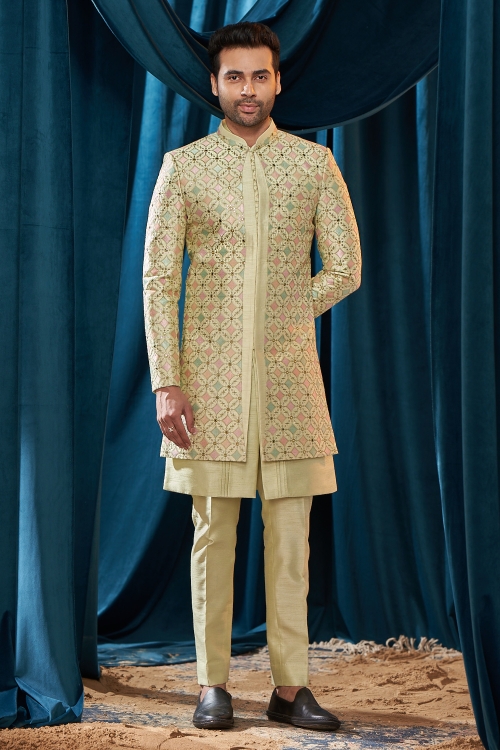 Pistachio Green Indo Western Sherwani Set in Silk with Embroidery and Applique