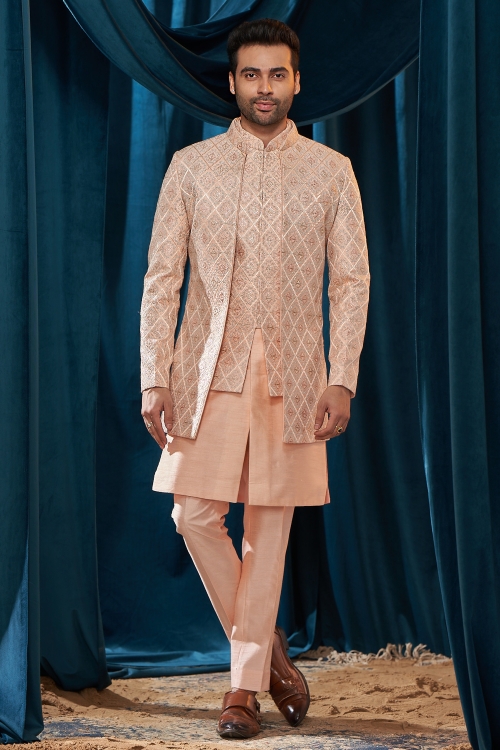 Peach Silk Indo Western Set with Embroidery