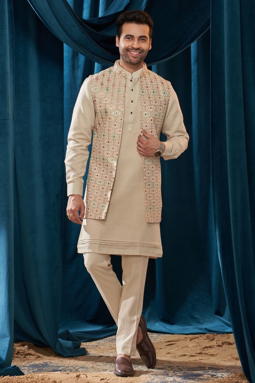 Ivory Cream Jacket Kurta Set in Satin with Embroidery