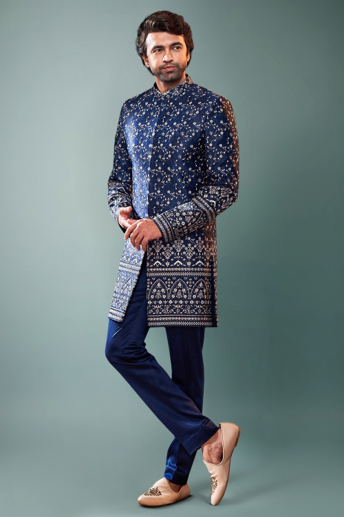 Navy Blue Indo Western Set in Satin with Embroidery