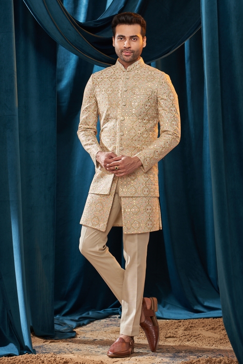 Cream Indo Western Set in Linen with Applique and Sequin Embroidery